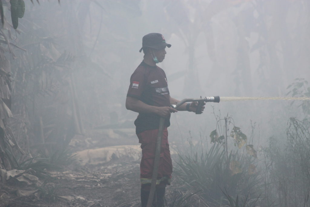 Feuerwehrmann mit Löschschlauch im dichten Rauch eines Waldbrandgebiets in Kalimantan auf Borneo.